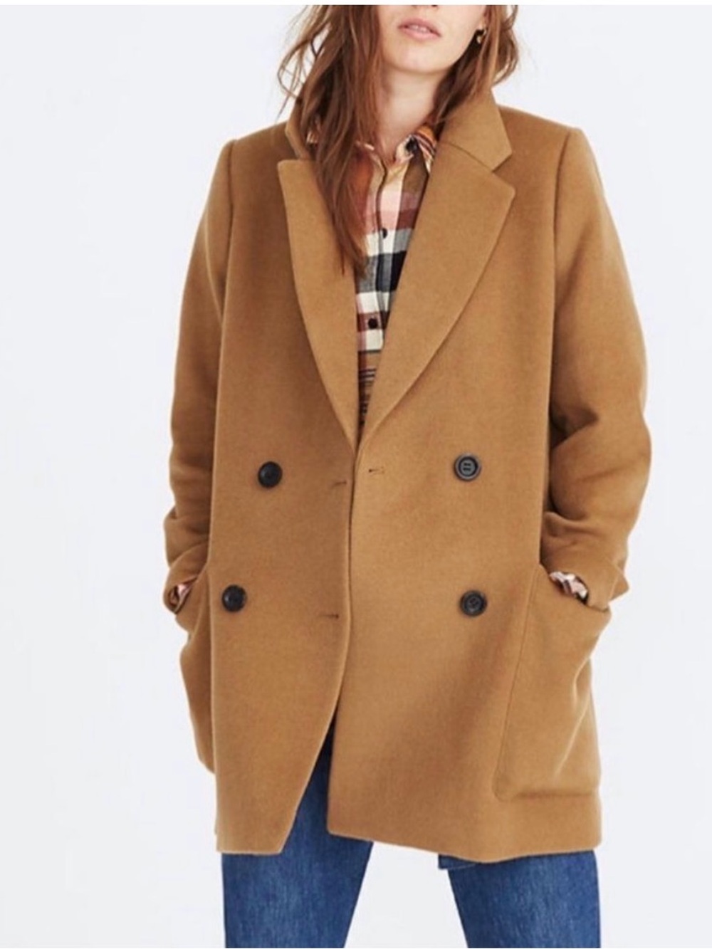 Wool blend camel-double-breasted coat-womens-madewell-brown